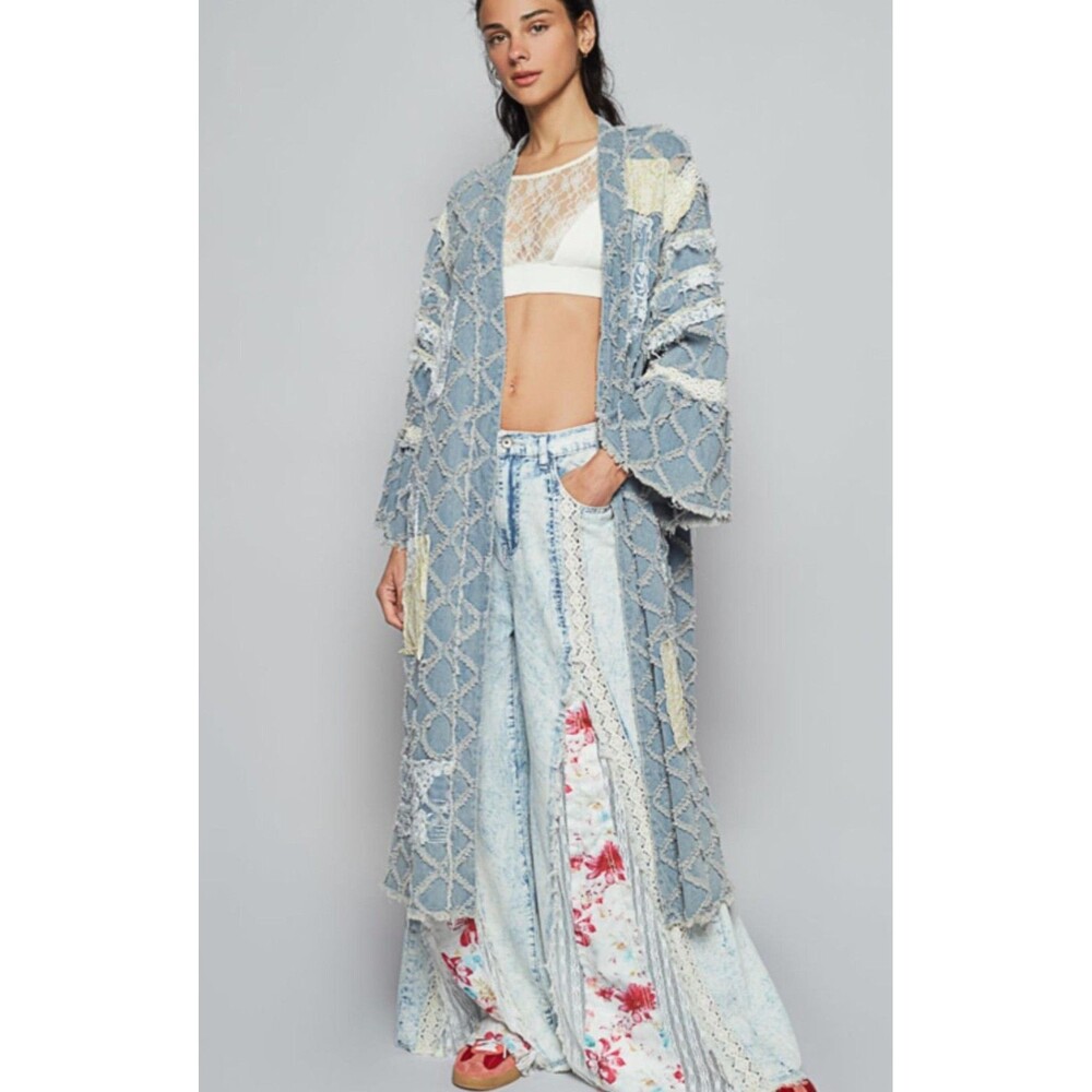 POL Premium Womens Small Blue Denim Long Duster Lace Patchwork Boho Oversized‎ - Picture 16 of 16